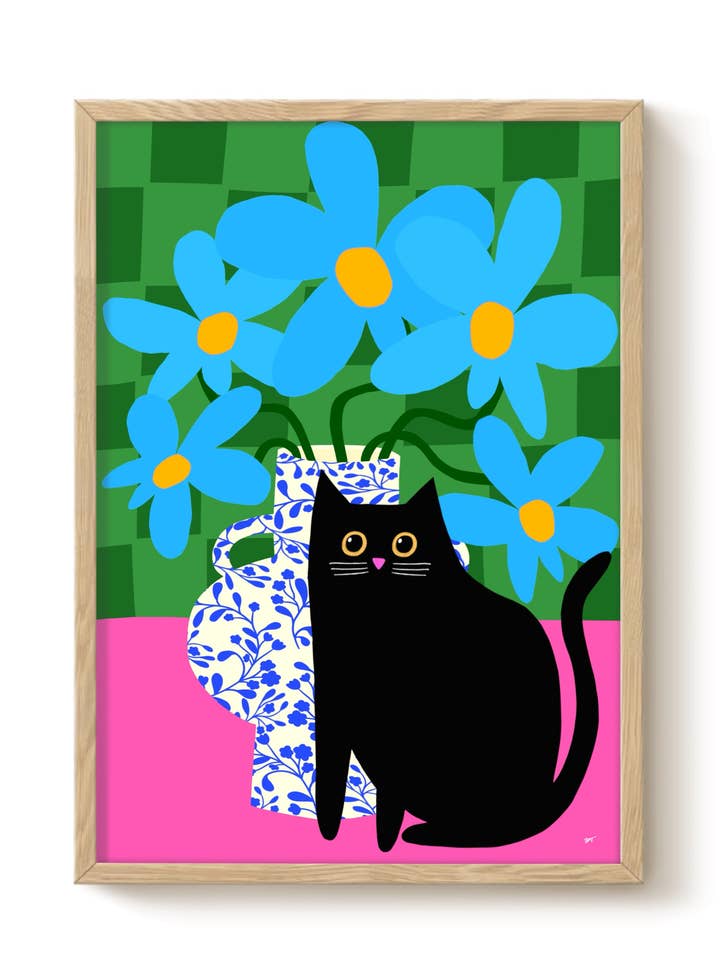 Blue Daisies & Cat Print Wall Decor Unframed Art for wholesale by The Paper Tail