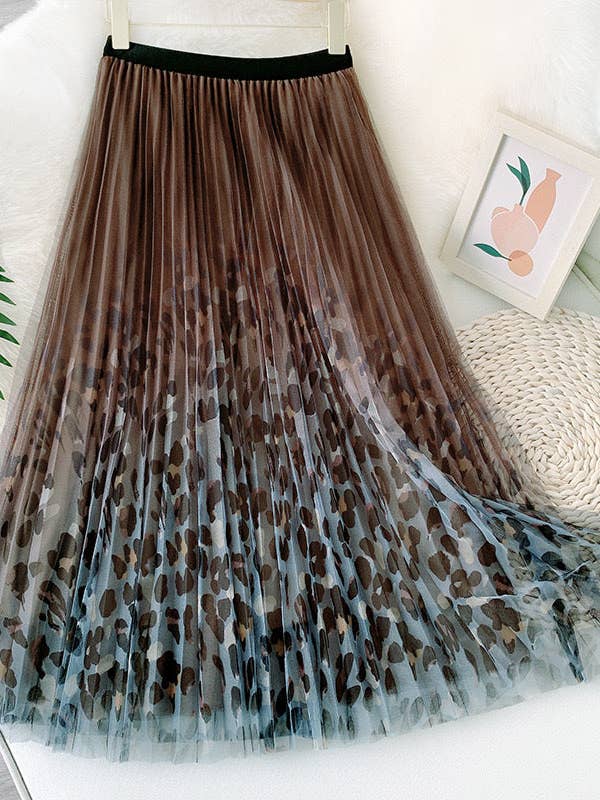 Feeƫnplooirok van mesh met luipaardprint aan de zoom (bruin) voor wholesale door Ellyndale