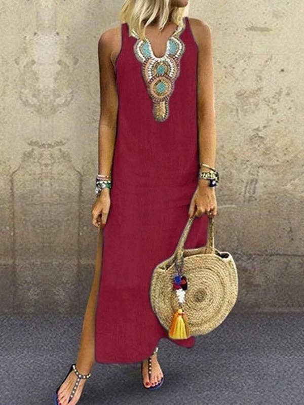 Sheer Trend - Wholesale Dress - Women's - Loose Sleeveless Embroidered Split-Side V-Neck Maxi Dresses2
