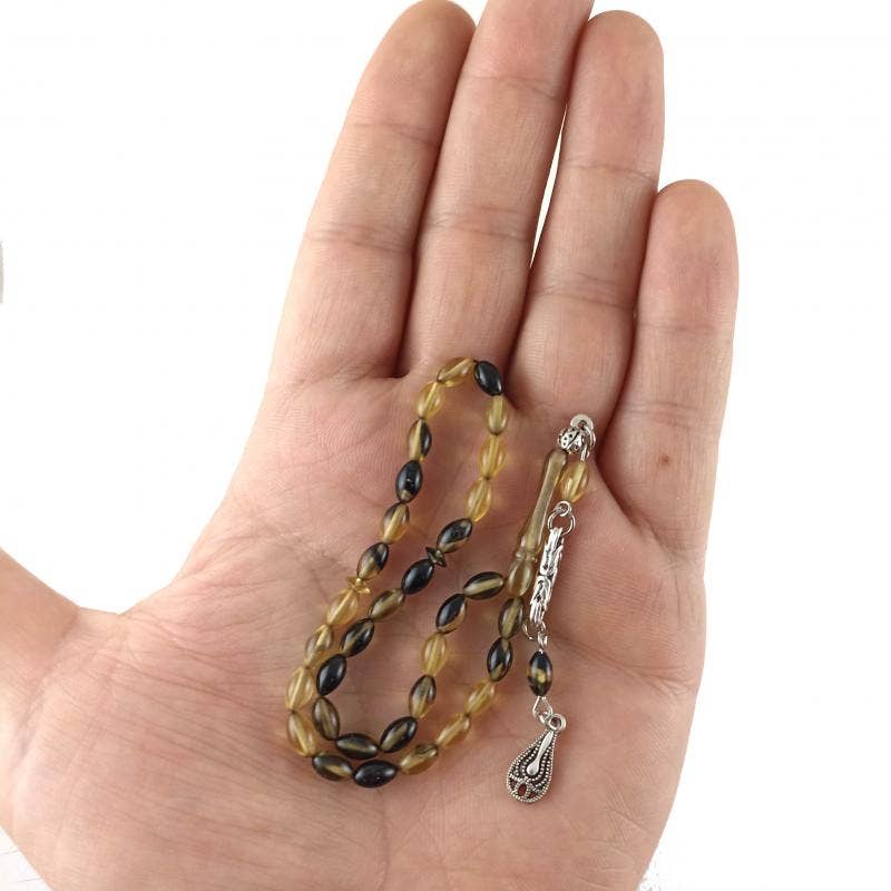 Aladdin - Vendita all'ingrosso Collane a grani - Selderesi | Mini Tasbih Ambra di Fuoco con Perline Dorate e Nere1