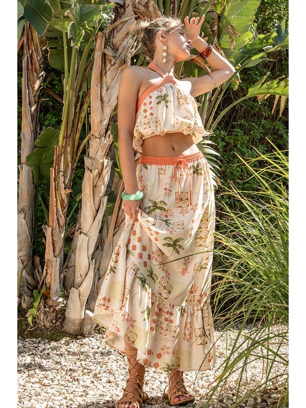 Cream Multi Printed Halter And Skirt Set for wholesale on Faire9