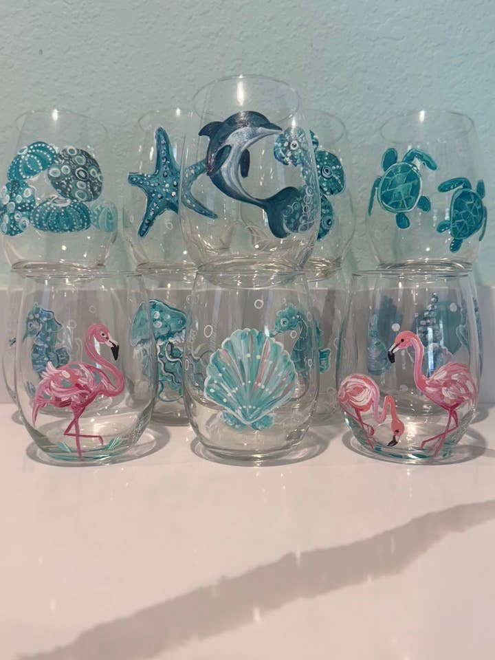 Verres à vin peints à la main ENSEMBLE CÔTIER – Verrerie côtière pour la vente par Paula Freeman Art