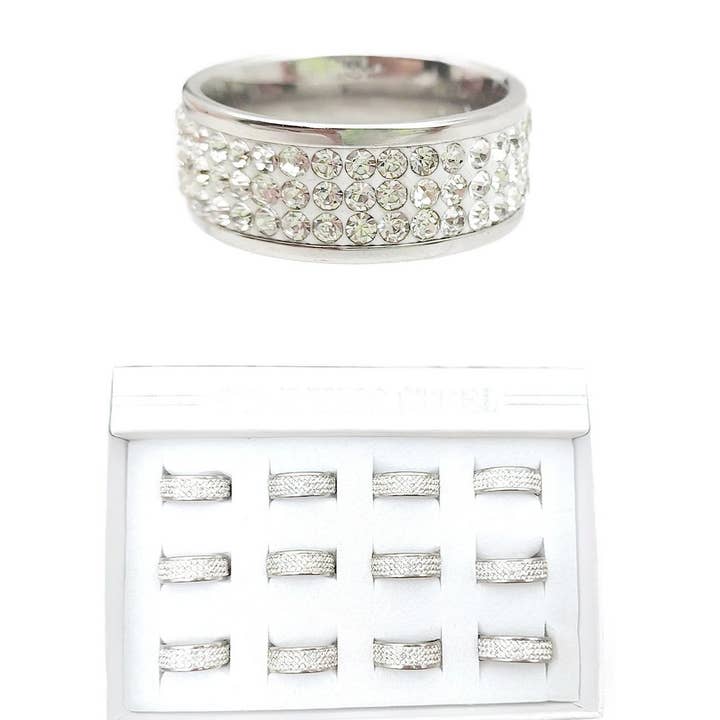 Three Row Stone Stackable Stainless Steel RIngs Silver for wholesale by Diacly