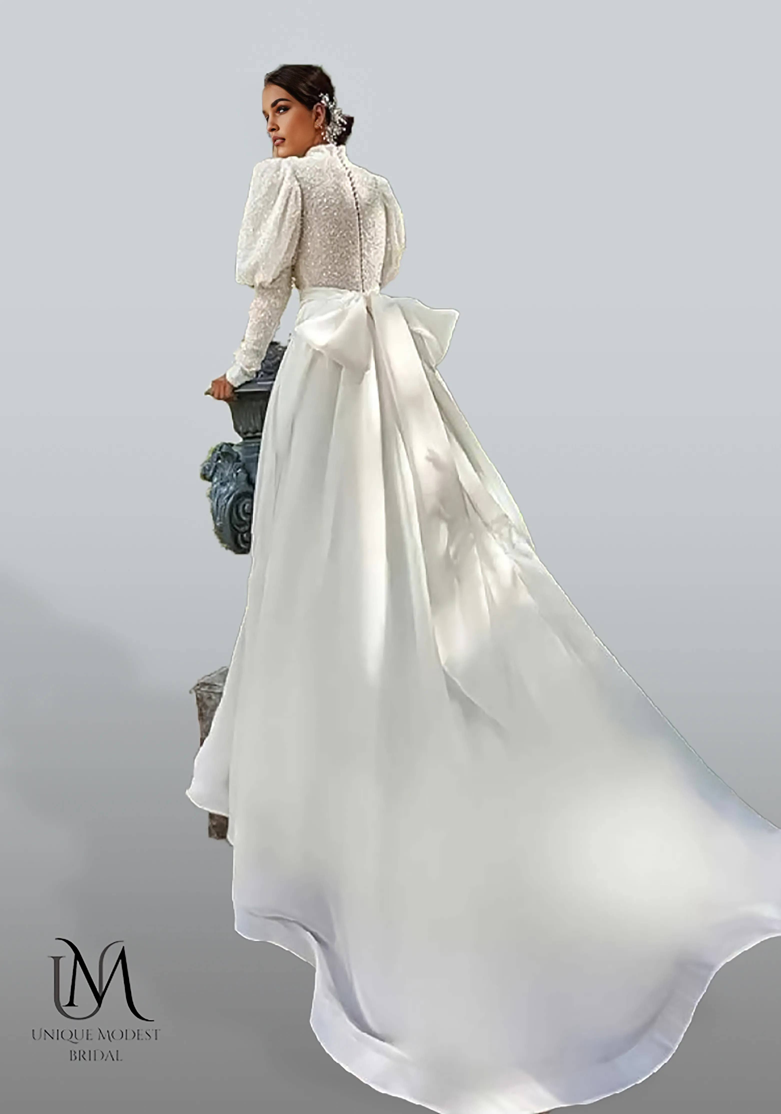 Unique Modest Bridal - Venta al por mayor Vestido de fiesta - Mujer - Opulique - Vestido de Novia Modesto de Satén de Manga Larga3