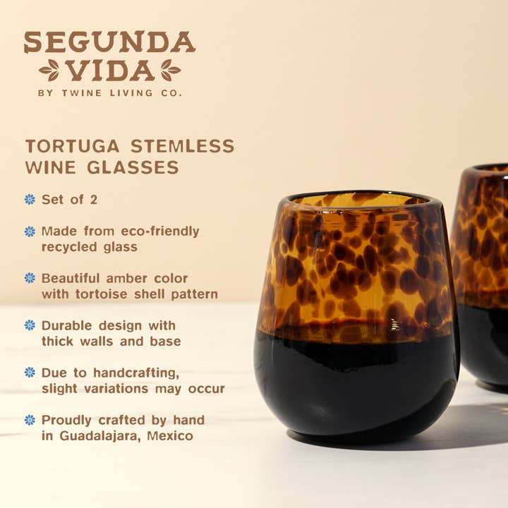 Brown Tortuga Recycled Glass Stemless Wine Glasses - Set of 2 for wholesale on Faire