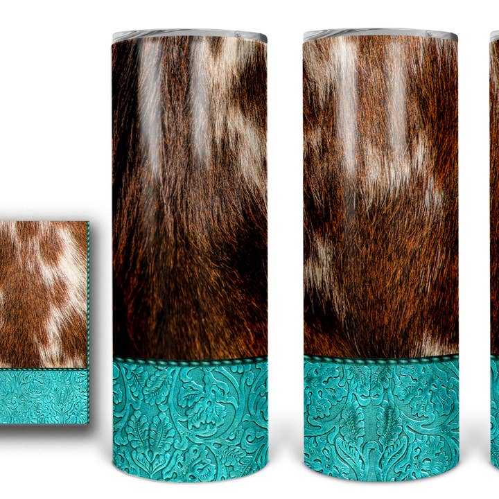 Brown Cowhide Tooled Leather 20oz Sublimation Tumbler for wholesale by Twisted T Creations