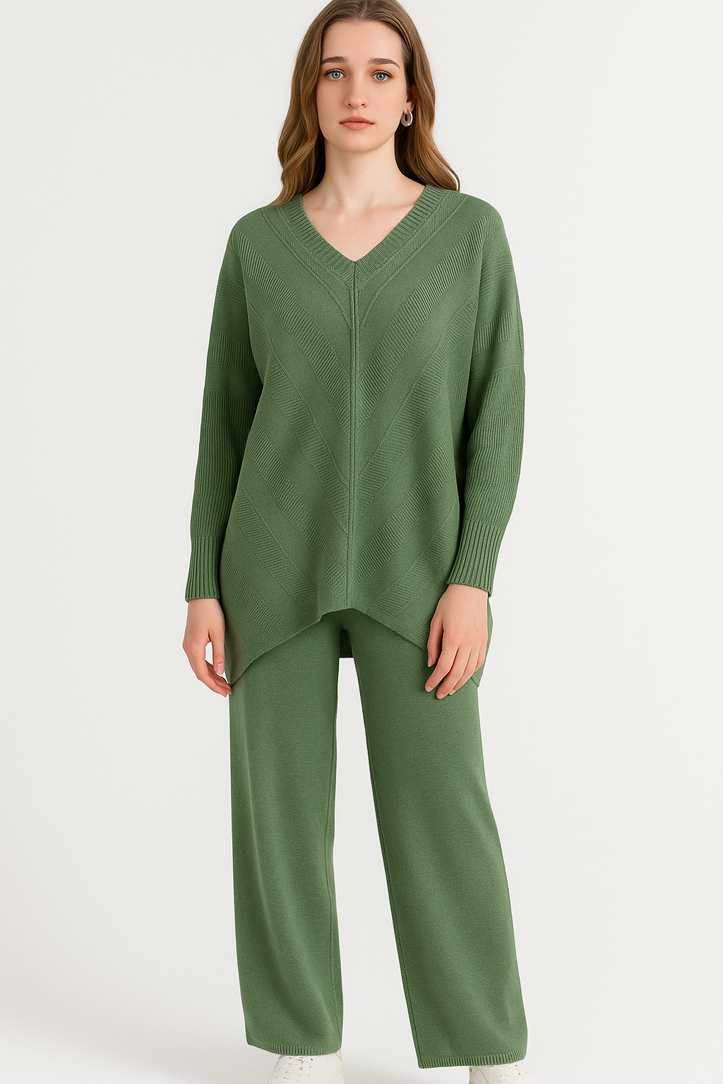 Lucy Sparks – Conjunto de top e calça (roupa NÃO Casual) - Mulher por atacado – Conjunto oversized de malha com gola V canelada e calças5