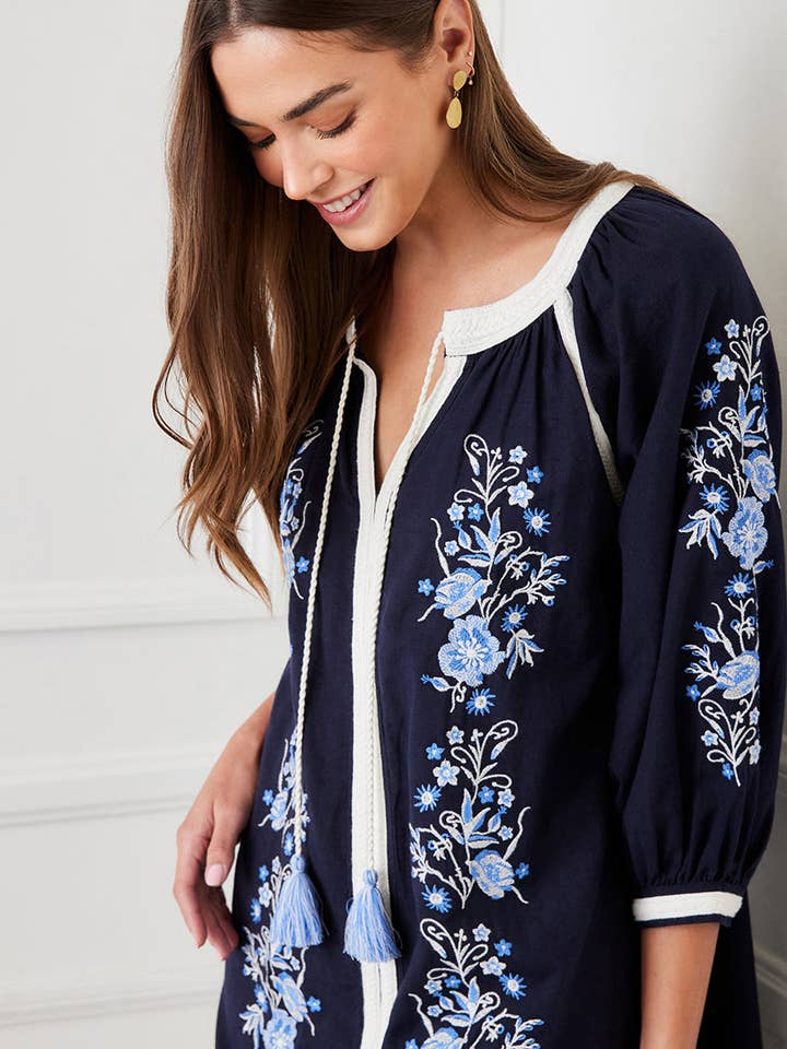 Navy Blouson Sleeve Embroidered Peasant Dress for wholesale on Faire