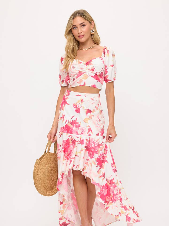 SET TOP CORTO A MEZZA MANICA FLOREALE - GONNA MIDI HI-LO per la vendita all'ingrosso da parte di Hesperus