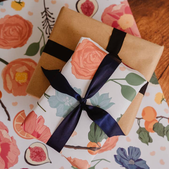 Wildwood Paper - Wholesale Flat wrap - Bramble - White Floral Fruit Pattern Luxury Gift Wrap Sheet1