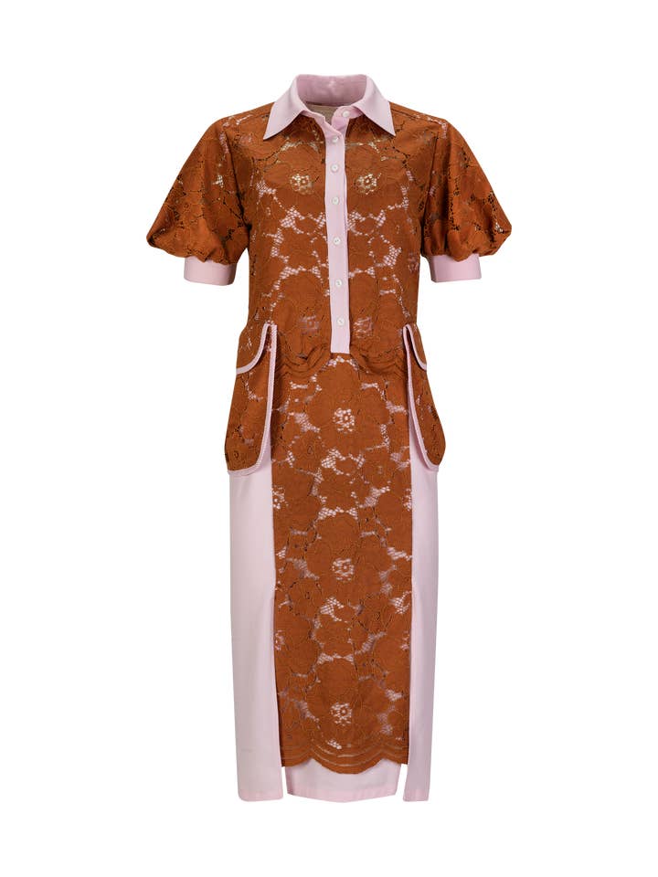 Vestido camisa Now com sobreposição em renda e efeito bicolor por atacado de Katty Xiomara