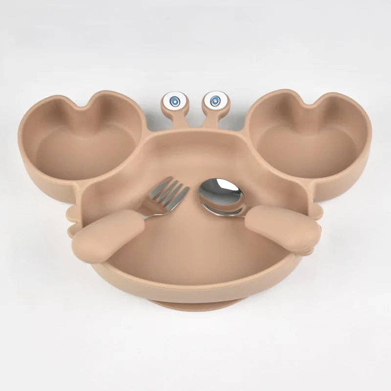 Kiyo Home – Engroshandel Spisestel – Børn og baby – Silikone Krabbe Tallerken med Bestik | Børnetallerken | Servicesæt3