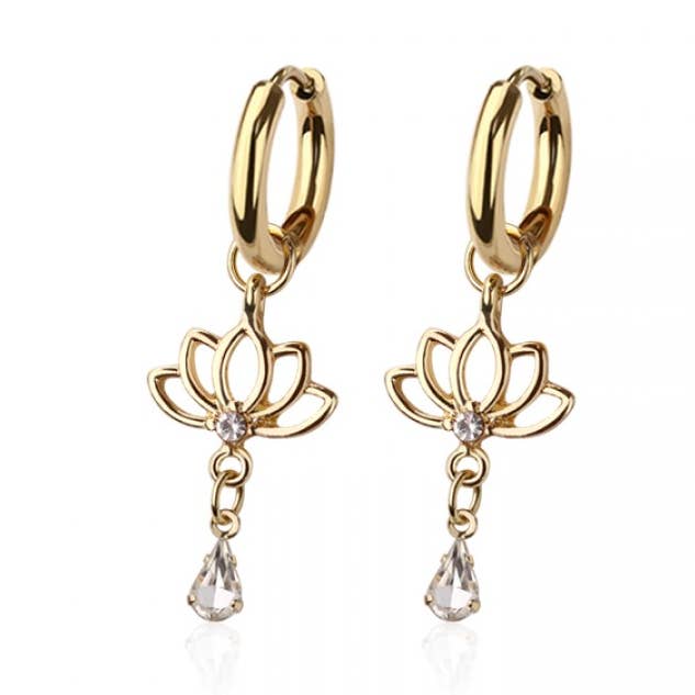 CRAVE BODY JEWELRY - Wholesale Dangle Earrings - PAIR OF 316L STAINLESS STEEL HUGGIE/HOOP CENTER CZ LOTUS FLO2