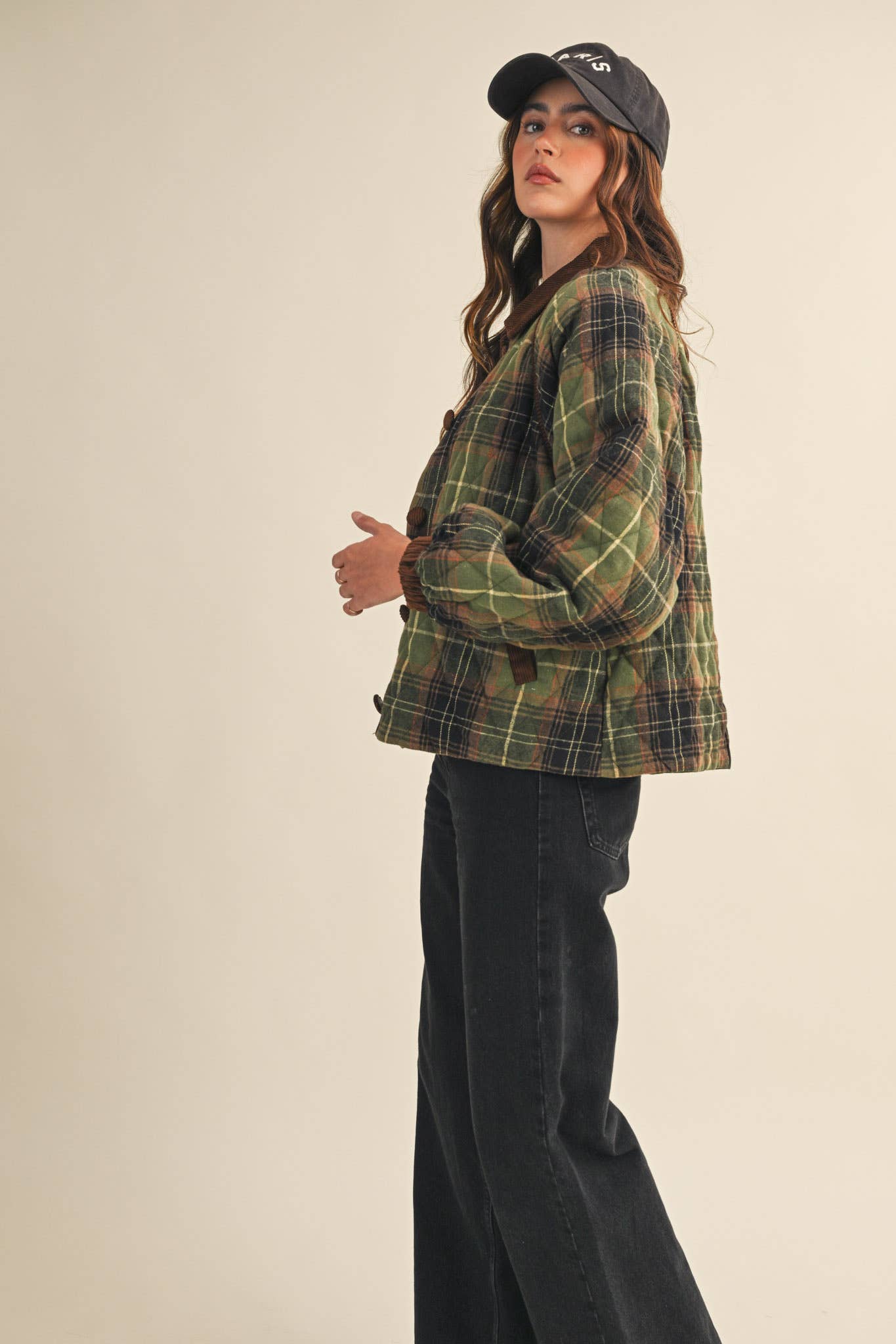 &MERCI - Wholesale Jacket - Women's - PLAID QUILTED JACKET WITH CONTRAST CORDUROY DETAIL MJK411515