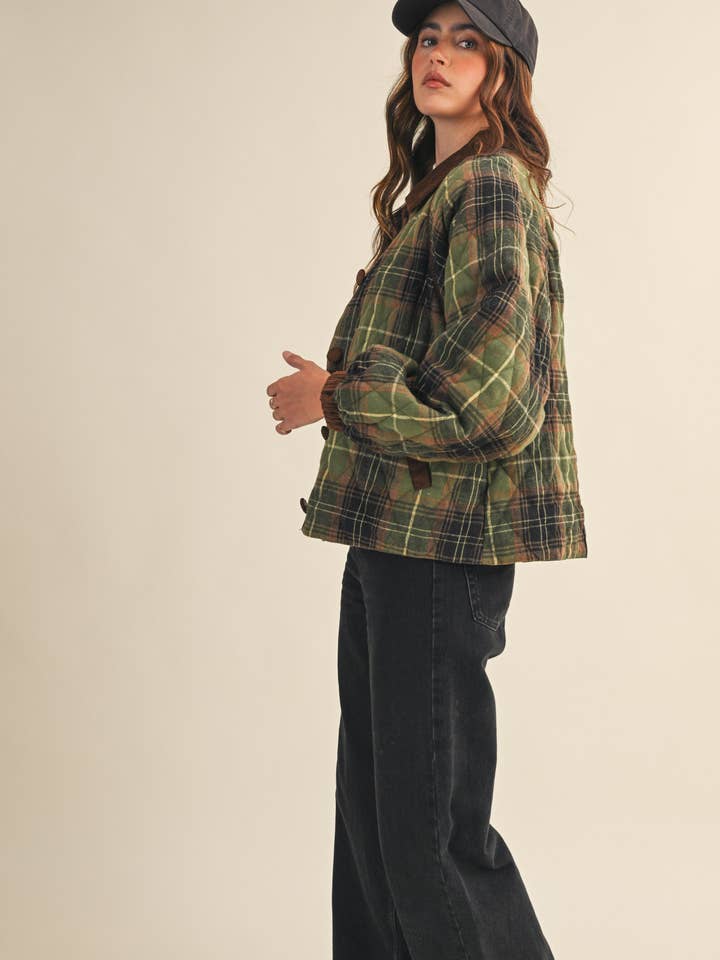 &MERCI - Wholesale Jacket - Women's - PLAID QUILTED JACKET WITH CONTRAST CORDUROY DETAIL MJK411515