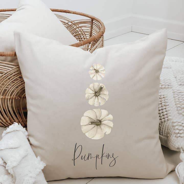 Pumpkin Stack Watercolor Pillow - Autumn for wholesale by DWELL Home Shoppe