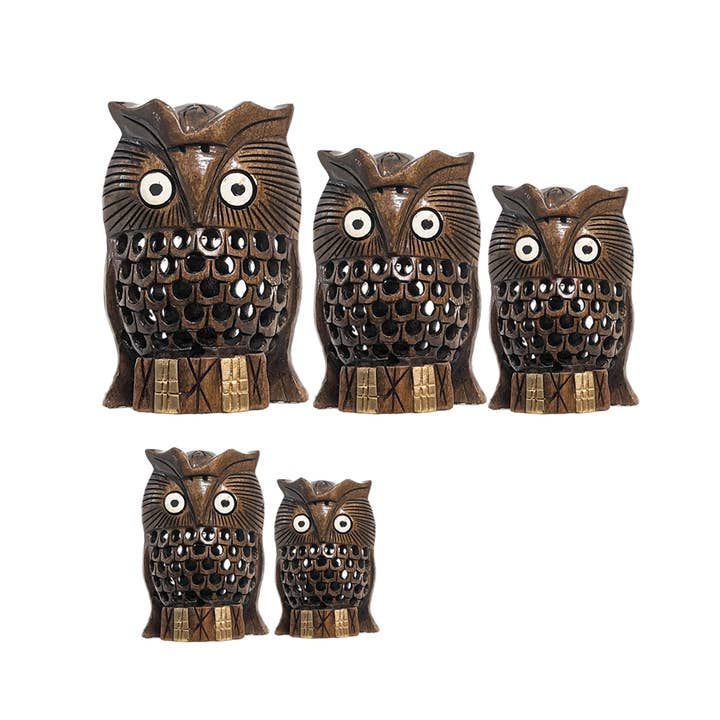 Håndlavet brun ugle i træ, sæt med 5 for engroshandel hos Keeraft