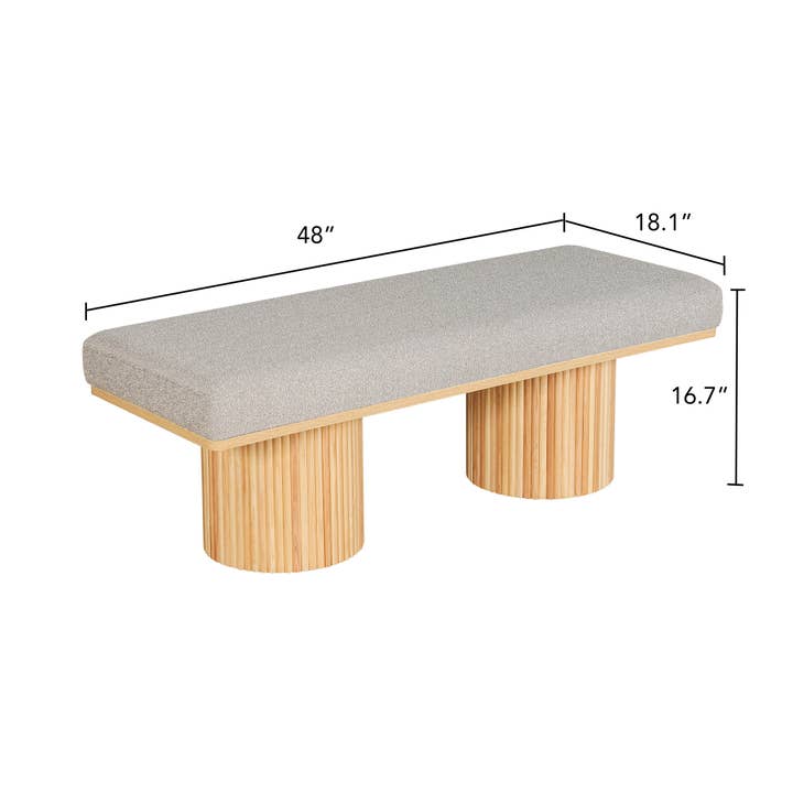Natural Wood Upholstered Light Grey Boucle Bench with Chunky Legs for wholesale on Faire8