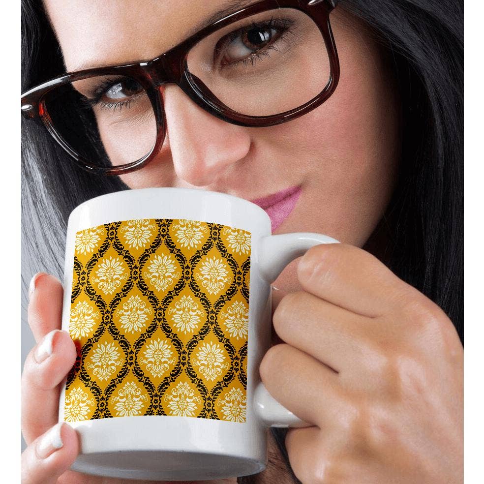 3dRose - Vente Tasse à café - 3dRose, Dooni Designs Motif Damassé Orné Jaune Souci Noir Blanc, Tasse9