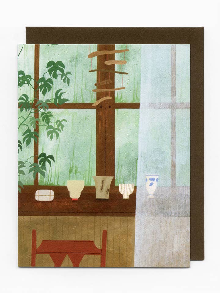 "Rainy Window with Pottery" greeting card for wholesale by Yelena Bryksenkova