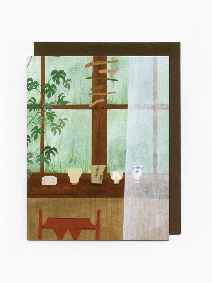 "Rainy Window with Pottery" greeting card for wholesale by Yelena Bryksenkova