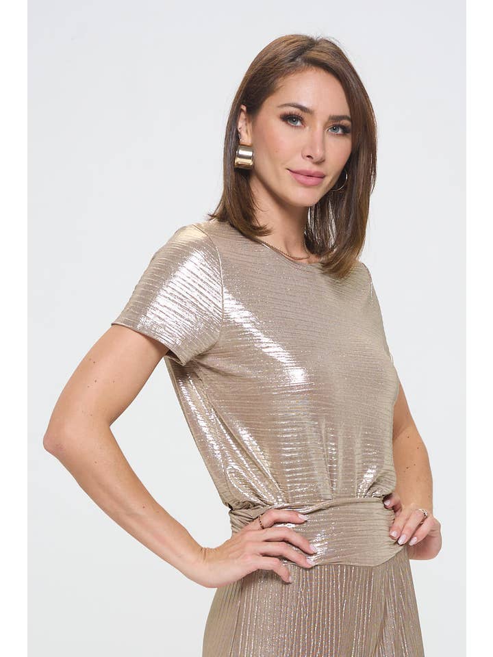Gold Made in USA Metallic Textured Short Sleeve Top for wholesale on Faire
