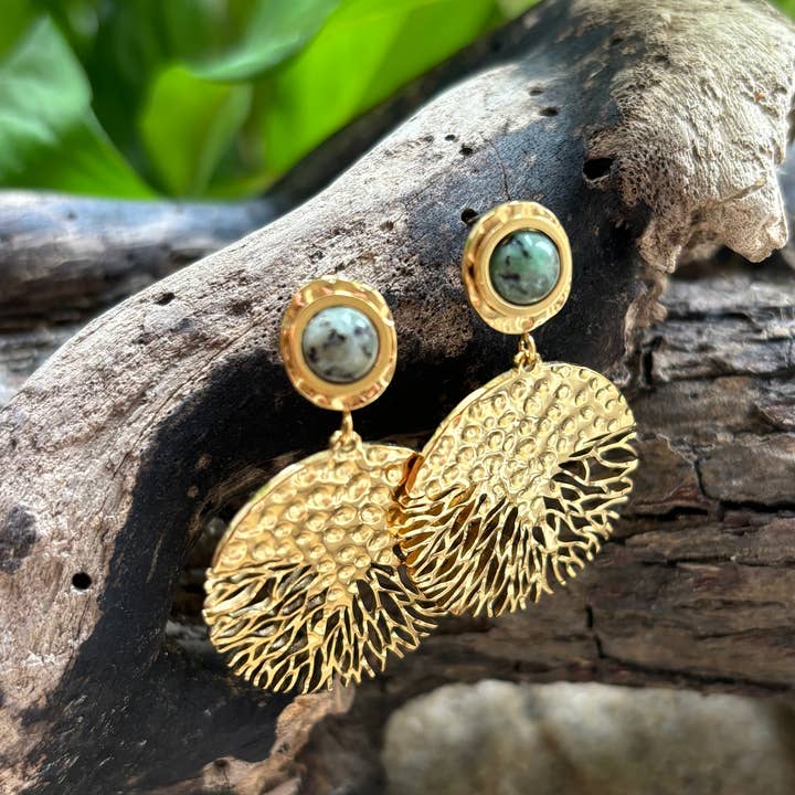 Ocean Ripples - Wholesale Dangle Earrings - 18ct Gold Plated African Turquoise Hammered Drop Earrings0