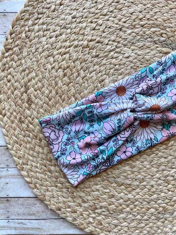 Teal Floral Mix Knit Twist Headband for wholesale by Designs by Rachel Joy