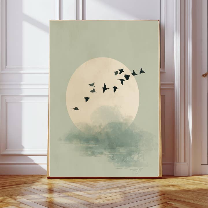 Japanese Green Sunset Bird Art Print for wholesale by Kumo Art Prints