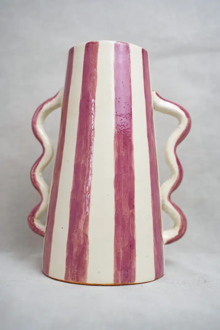 High crafty - Wholesale Vase - Handmade Striped Ceramic Vase with Wavy Handles – 22.5 cm6