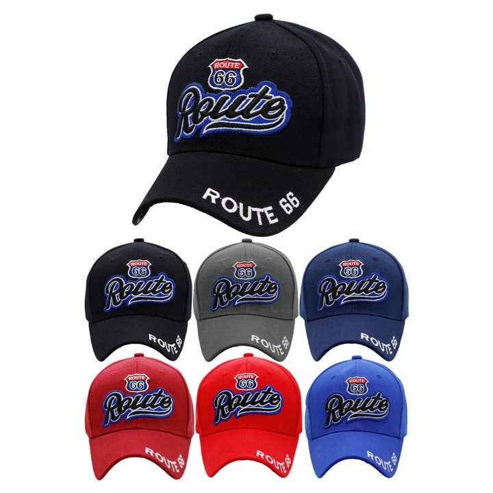 Cap Zone - Wholesale Baseball Cap - Unisex - Route 66 Cursive Logo Velcro Back Baseball Cap