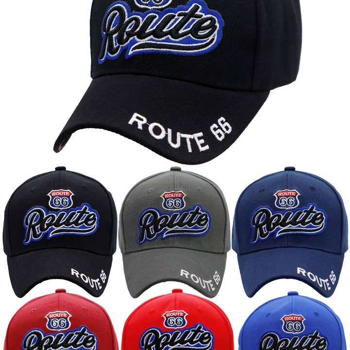 Cap Zone - Wholesale Baseball Cap - Unisex - Route 66 Cursive Logo Velcro Back Baseball Cap0