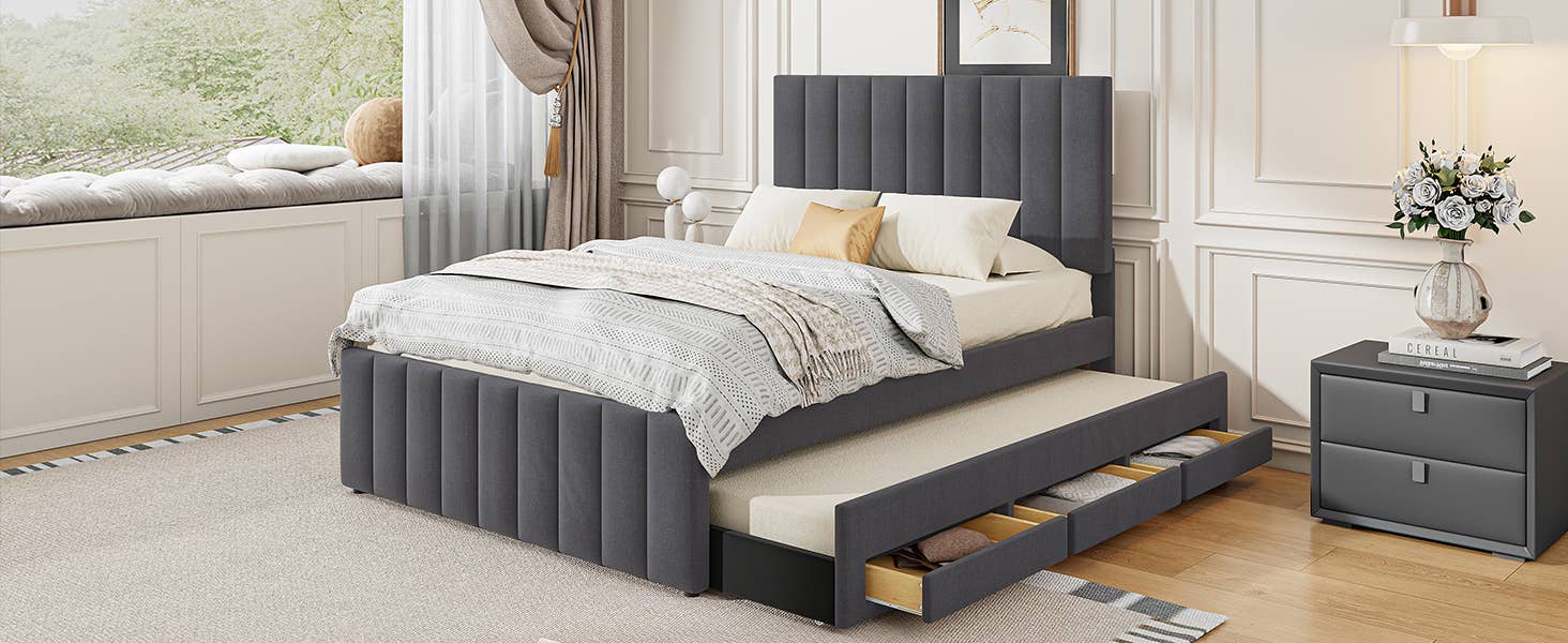 Gray Upholstered Platform Bed with Trundle & 3 Drawers, Linen for wholesale on Faire13
