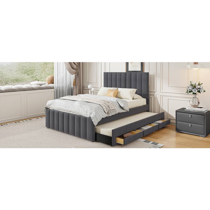 Gray Upholstered Platform Bed with Trundle & 3 Drawers, Linen for wholesale on Faire13