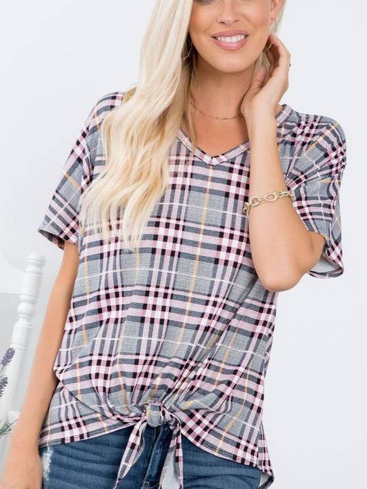 Rutig mönstrad tunika med knyt framtill - Missy-storlek för wholesale av Rose Mellow Fashion