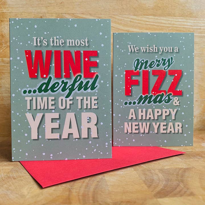 Wine-derful & Merry Fizz-mas Christmas Cards (4 Pack) for wholesale by Samantha Morris