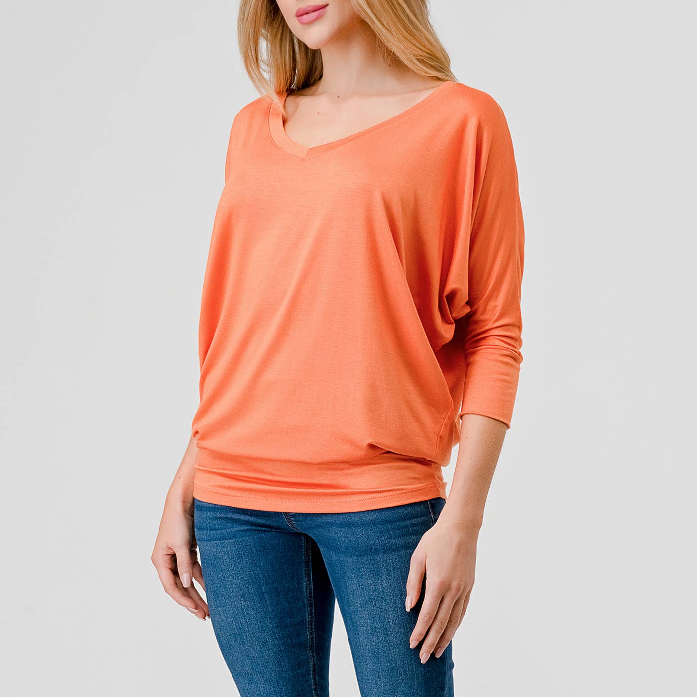 Heimious - Wholesale Knit Top - Women's - 3/4 Dolman Sleeve V-neck Modal Jersey Top, 2573108