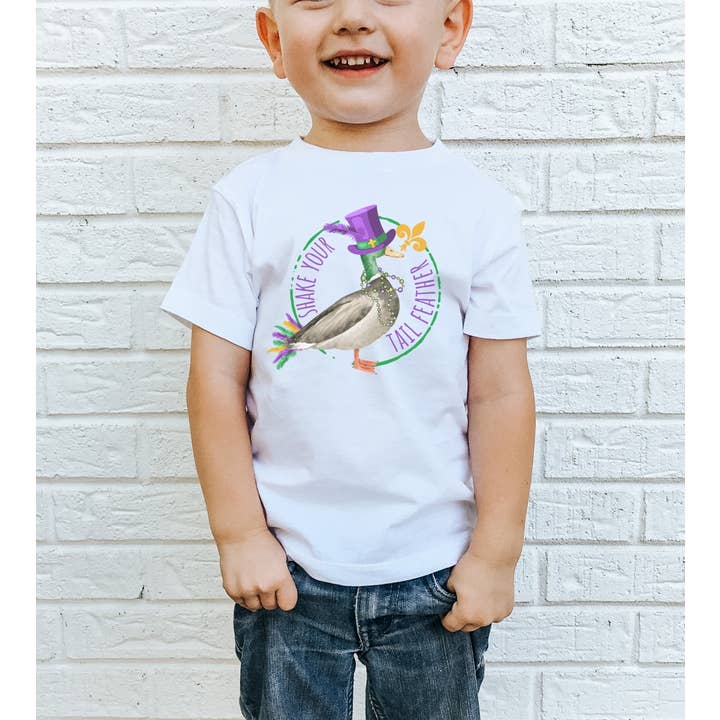 Shake Your Tail Feather Mardi Gras Duck Toddler Tee for wholesale by Painted Skies