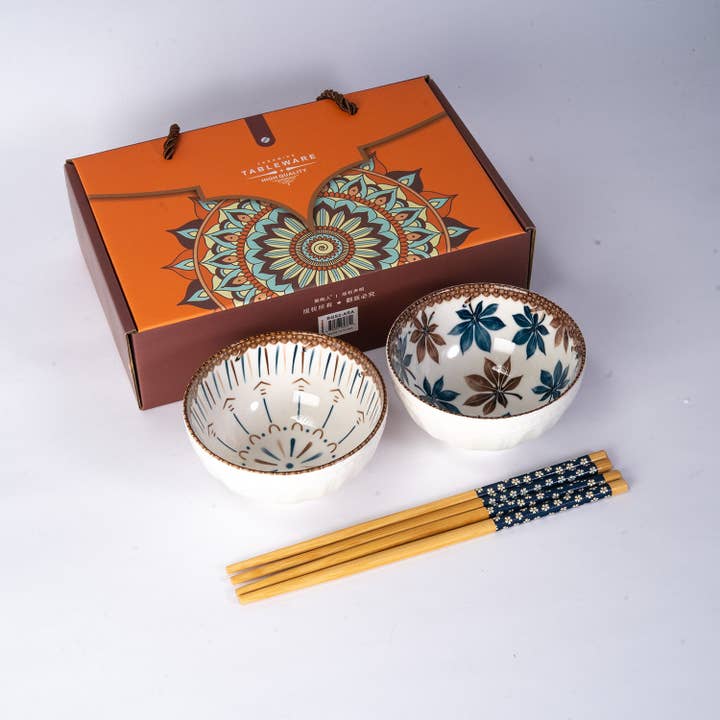 Urban Tokyo - Wholesale Kom - Floral Arabesque Dubbele Rijstset van 10oz 4,5"D Kom Met Eetstokjes Cadeauset 1/24)6
