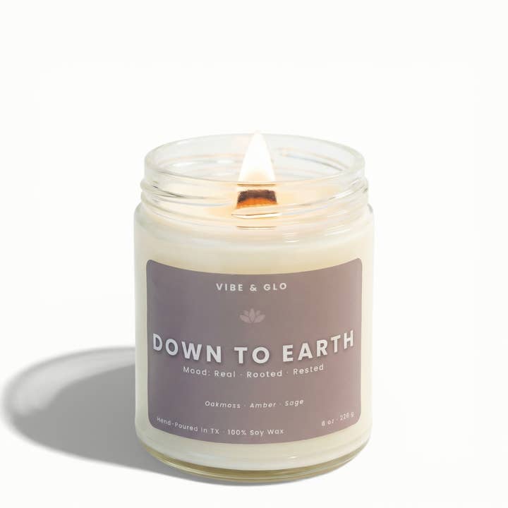 Down to Earth | Oakmoss Amber Sage Wood Wick Soy Candle for wholesale by Vibe & Glo Candle Studio