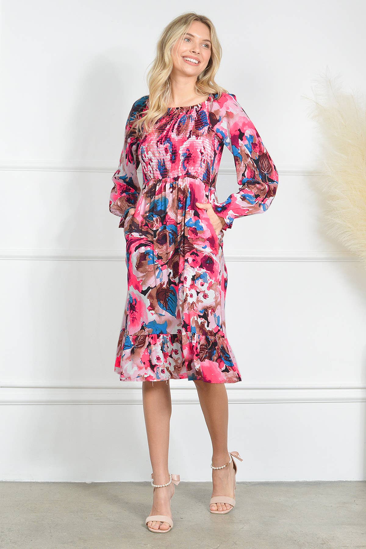 Loven x Mini Momo - Wholesale Dress - Women's - Ruffle Hem Long Sleeve Dress Floral Multi Mommy & Me Matched2