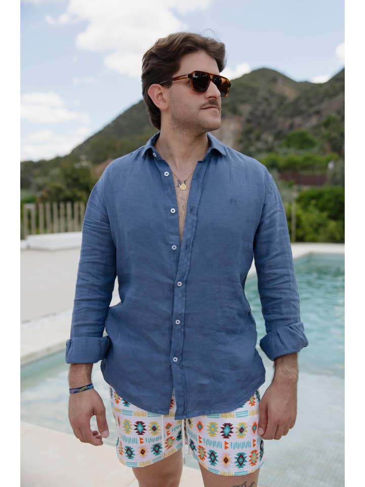 Custi Mikelo - Wholesale Button Down Shirt - Men's - Blue Linen Shirt | Lanzarote