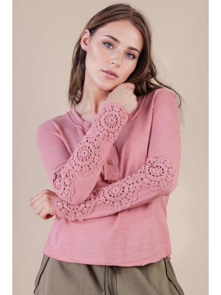 VERY J - Wholesale Knit Top - Women's - NT12252-Sleeve Lace Trim Solid Knit Top