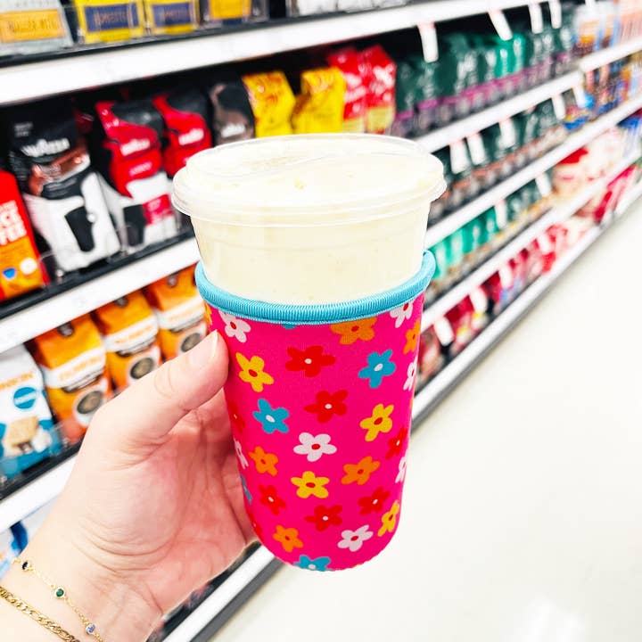 Sonny Rising - Wholesale Drink Huggers & Koozies - Iced Coffee Sleeve, Bright Pink Floral