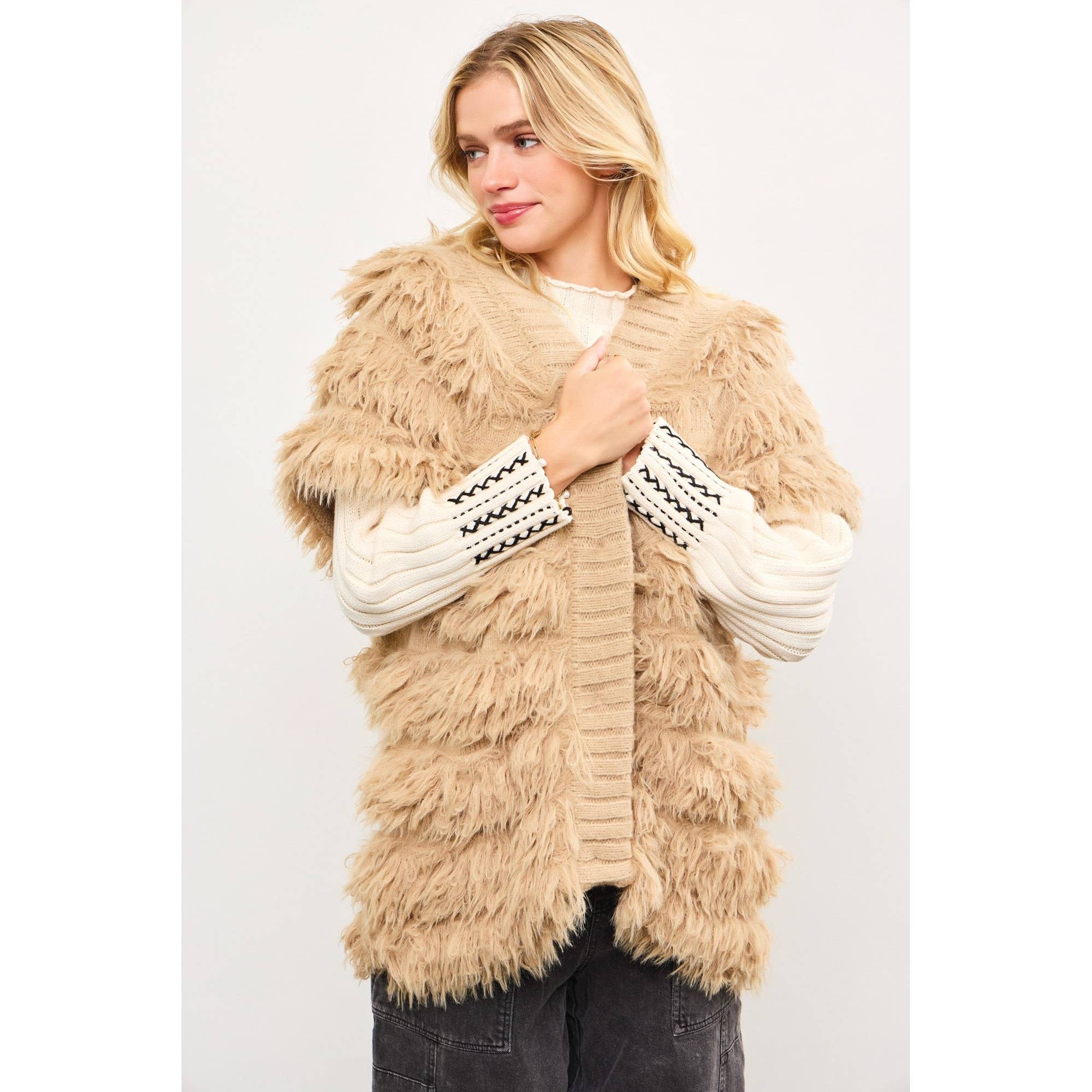 Blue Bunny Inc – wholesale Jacket – Women's – Fringe Shaggy Cap Sleeve Sweater Jacket1