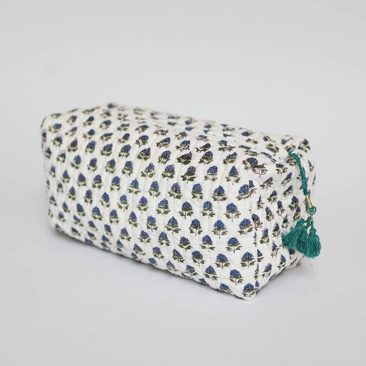 Blue jaipur flower wash bag for wholesale by Polly Fenwick