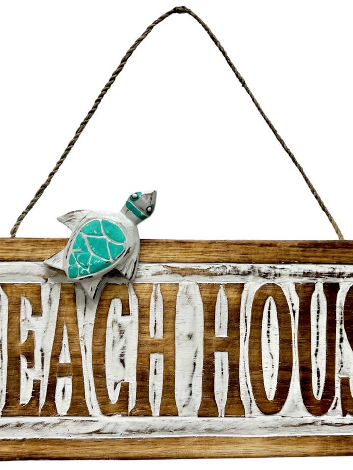 Wooden Beach House Sign With Turtle for wholesale by Bamboo Source Tropical Decor