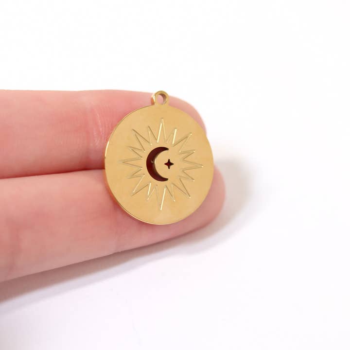 WJW - Wholesale Individual Charm/Pendant - 18K Gold PVD Stainless Steel Sun + Moon Charm / PDL00633