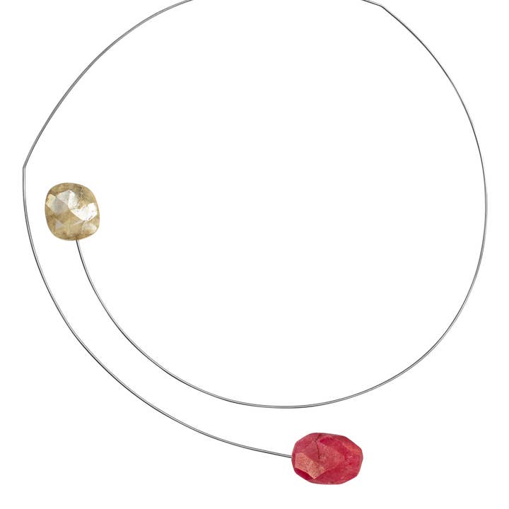 Asymmetric Neckwire with Ruby Corundum and Sapphire for wholesale by Melissa McArthur - Jewellery Made in London