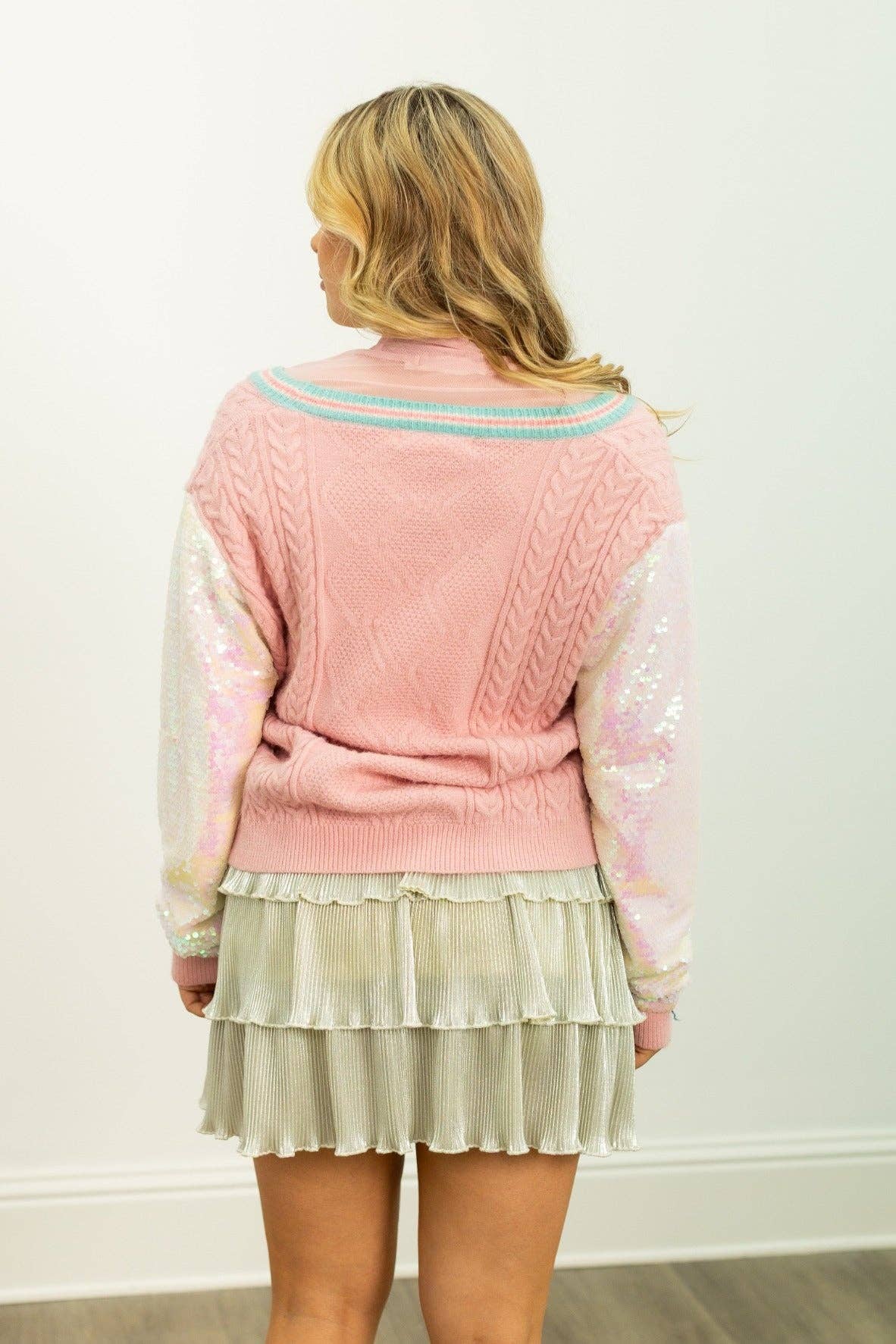 Pink Snowman Cardigan with Sequin Sleeves for wholesale on Faire10